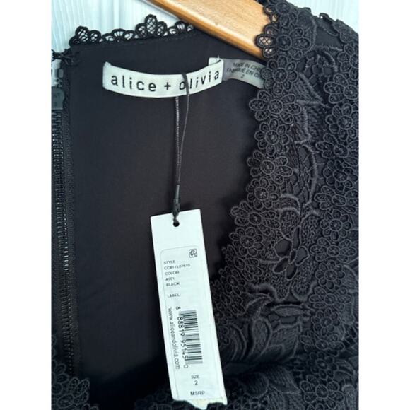 Alice + Olivia NWT Lennon Black Lace V-Neck Sheath Mini Cocktail Dress- Size 2 - Picture 9 of 11